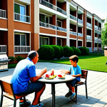 **

"A friendly neighborhood gathering in a well-maintained apartment complex courtyard, featuring families enjoying a barbecue, children playing games, fully clothed in modest attire, appropriate content, safe for work, perfect anatomy, natural proportions, professional photography, high quality, professional"

**