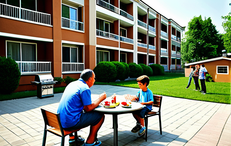 **

"A friendly neighborhood gathering in a well-maintained apartment complex courtyard, featuring families enjoying a barbecue, children playing games, fully clothed in modest attire, appropriate content, safe for work, perfect anatomy, natural proportions, professional photography, high quality, professional"

**